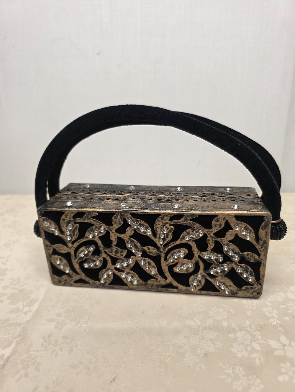 Vintage Style Rhinestone Velvet Filigree Evening Box Clutch Bag Black Bronze